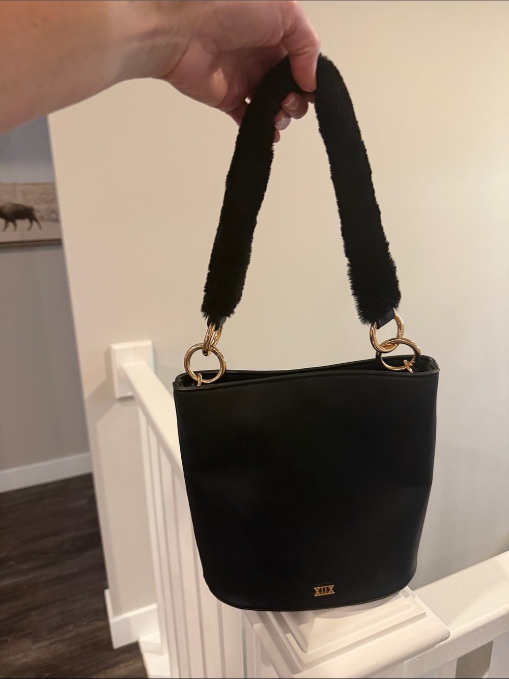 Collection XIIX Black Mini Bucket Bag Faux Fur Handle Gold Tone Shoulder Purse